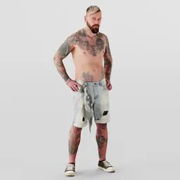 Bearded tattooed 3D model with piercings and denim shorts, Blender-ready, for creative projects.