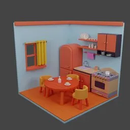 Stylized Blender 3D kitchen model featuring retro appliances, table set for dining, and vibrant color scheme.