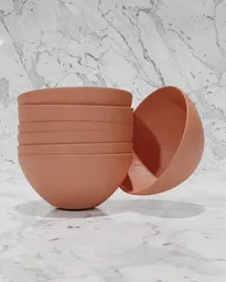 Stack of orange 3D-rendered cereal bowls, designed for Blender, realistic clay texture, suitable for restaurant-bar setups.