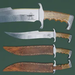 Detailed 3D model of a hunting knife with sheath, accurate design for use in Blender renderings.