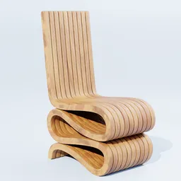 Realistic 3D model of a wooden wiggle chair with smooth curves and flowing lines, rendered in Blender.