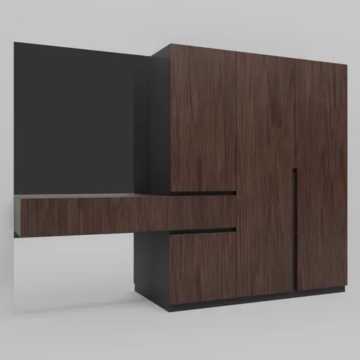 Elegant 3D-modeled dark wood wardrobe with drawers, designed for modern interior storage in Blender.