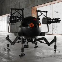 "3D model of a black military drone robot named C-011, with menacing spider legs and missile turrets, rendered in high detail using Blender 3D software."