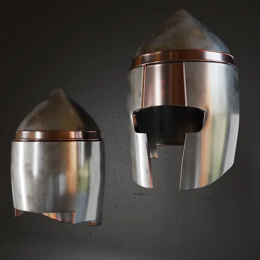 Detailed ancient helmet 3D model with metallic textures designed for Blender, ideal for historic military simulations.
