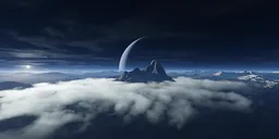 Stunning extraterrestrial mountain peak with clouds and crescent planet in the sky, ideal for scene lighting.