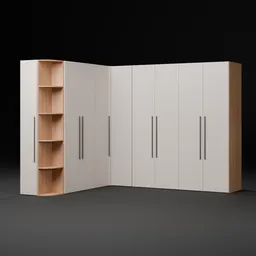 Detailed 3D model of open wardrobe with shelves, Blender 3D render, MDF wood texture.