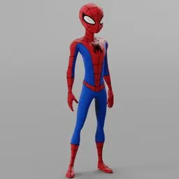 Alt text: "Espectacular Spiderman Rigged 3D model for Blender 3D - low poly base mesh with clean topology, UVs arranged and ready to animate, featuring a lean man with light tan skin in a blue-accented costume. Toon boom render with standing pose for 3/4 front view. Perfect for fantasy projects and Fortnite skin creation."