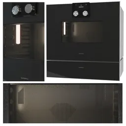 "Combi-microwave oven and vacuuming drawer 3D model for Blender 3D - Gaggenau 400 series, Anthracite color. A sleek black oven with a clock on top and a matching vacuuming drawer, perfect for adding realism to your kitchen appliance designs. Get this high-quality, photorealistic 3D model now!"