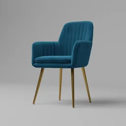 "Eula Modern Accent Dining Chair - a stylish furniture model for Blender 3D, featuring a close-up of a trendy blue chair with a wooden leg. This production-quality cinema model is inspired by mid-century modern aesthetics, with elegant velvet material available in three color variations. Perfect for realistic interior design visualizations and rendering projects."
