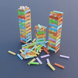 "Colorful and vibrant wooden blocks for children - a Montessori toy rendered in Blender 3D. This 3D model showcases a close-up of a pile of visually appealing blocks on a table, perfect for engaging children's creativity and motor skills development."