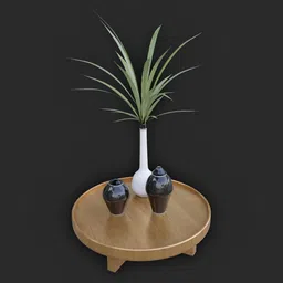 Highly detailed Blender 3D model showcasing a wooden round table with vase and plant.
