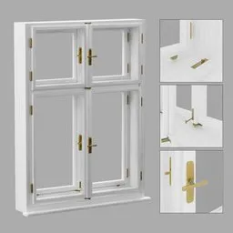 Highly detailed 1900s central European Blender 3D model of an old double casement window with intricate design features.