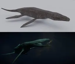 Realistic 3D Liopleurodon with detailed textures, rigged for Blender, showcasing IK controls and flexible fins.