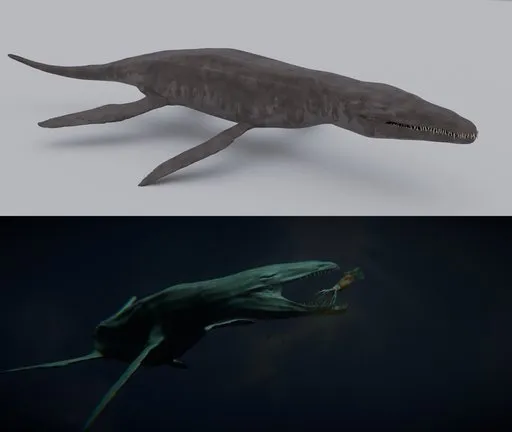 Realistic 3D Liopleurodon with detailed textures, rigged for Blender, showcasing IK controls and flexible fins.