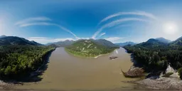 360-degree HDR panorama of a sunny Canadian mountain valley with river for realistic scene lighting.