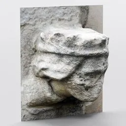 "Low-poly PBR photo-scan of a stone statue head on a church door, created with Blender 3D. Sculpted in a simplified realism style, the statue features a luxcore rendered ornate headdress with a vertically flat face. Perfect for molding-carving projects, resembling Joan of Arc by Christopher Wren."