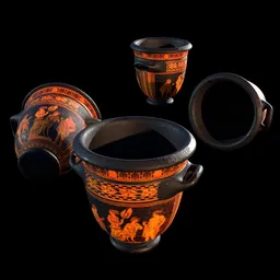 High-quality Blender 3D render of a black-figure Bell Krater vase with orange-red mythological motifs.
