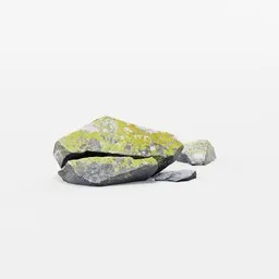 "High-quality 3D model of a medium-sized triangular rock, featuring natural dull colors and covered in mossy lichen. Perfect for creating realistic beach environments in Blender 3D software."