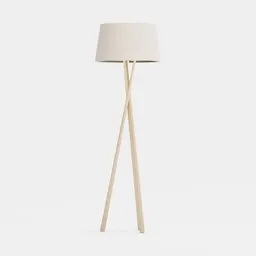 Detailed 3D rendering of a wooden tripod floor lamp with a beige shade, ideal for Blender 3D artists' interior visualizations.