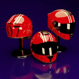 Red stylized 3D motorcycle helmets rendered in Blender, showcasing reflective surfaces and detailed design.