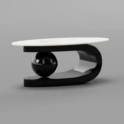 "Black steel Athena center table with rounded shapes, inspired by Taro Okamoto and perfect for stylish living rooms. Best 3D model for Blender 3D software. Product design render with hovering, centered position and a black ball."