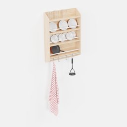 Detailed Blender 3D kitchen wall shelf, utensils, and dishware included, for interior design visualization.