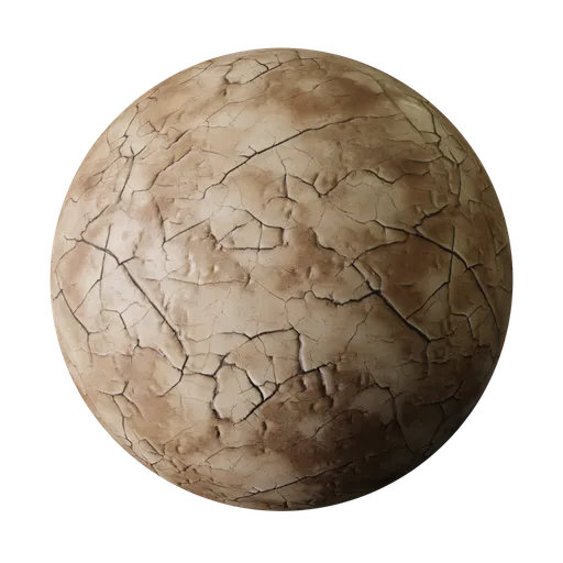 High-resolution 3D texture of arid, cracked earth for PBR material rendering in Blender and other 3D applications.