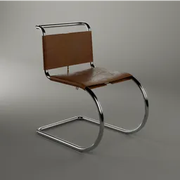 Alt text: "Photorealistic 3D model of a MR10 chair in the style of constructivism with German expressionism influences, featuring a chrome metal frame and leather seat. Designed by Ludwig Mies van der Rohe, modeled in Blender 3D."