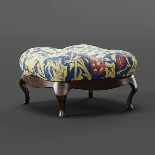 High-quality vintage ottoman 3D model with ornate fabric design, ideal for Blender rendering and historical scenes.