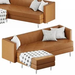 "Contemporary corner leather sofa with pillows and table in brown and white color scheme - 3D model for Blender 3D inspired by Johan Edvard Mandelberg's design. Checkered motifs and cut-out details add dimension to this modern Victoria sofa, great for retail or home interior design projects."