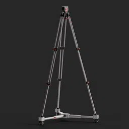 Detailed 3D model of a professional camera tripod, compatible with Blender, high-resolution, adjustable, on a neutral backdrop.
