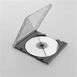 "3D model of a CD case and compact disc in Blender 3D software. This detailed 3D model showcases a close-up view of a compact disc with a clear cover, against a white studio background. Ideal for creating visualizations and designs related to accessories, such as CDs and their cases."