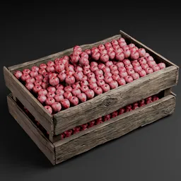 High-quality 3D model of a wooden crate filled with realistic red fruits, ideal for Blender renderings and game assets.