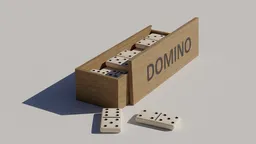 Realistic Blender 3D model of a wooden domino set with pieces inside the box and two in front.