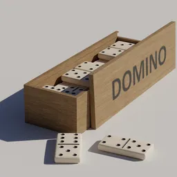 "Domino box 3D model for Blender 3D: Wooden box with dice pieces on white surface, rendered in Autodesk Maya. This realistic 3D asset features rounded corners and a simple form, showcasing the domino game aesthetic. Perfect for DND enthusiasts and those seeking high-quality 3D assets."