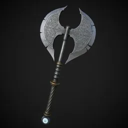 Intricately-designed Blender 3D model of a double-bladed axe with Persian engraving, suitable for game asset.