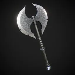 Detailed 3D model of a metallic two-sided axe with elaborate Persian patterns, designed for game integration and featuring 2K textures.
