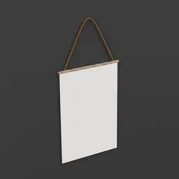 3D rendered blank canvas hanging on a strap, ideal for Blender graphic design and literature presentations.