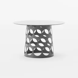 Modern 3D rendered round table with unique circular cut-out pattern for interior design, compatible with Blender 3D models.