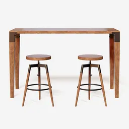 3D model of a contemporary wooden counter table with metal elements and adjustable wooden stools in a minimalist design.