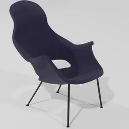 Detailed 3D model of a vintage organic armchair with a navy blue texture, designed for MoMA's 1940s competition.