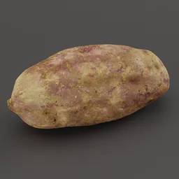 Alt text: "High-detail 3D model of a sweet potato with 8k textures for Blender 3D, created by Fuller Potter. Perfect for food and kitchen visualizations. Great addition to fruit and vegetable 3D models library."