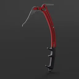 "Red and black climbing axe 3D model for Blender 3D - perfect for weaponry concept designs and rugged ranger scenes. Complete with detailed body and eagle beak design. Also suitable for belaying and climbing scenarios."