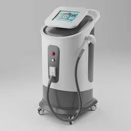 "Medical laser machine for hair removal in a beauty clinic, modeled in Blender 3D. Features a steel grey body with fluid bag, digital display, and scratches for added realism. Volumetric hazy lighting provides a high-quality topical render."