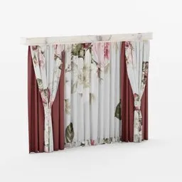 Detailed 3D-rendered floral-patterned curtain with fold textures, compatible with Blender for interior design.