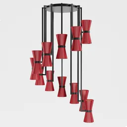 "KONO Pendant lamp By Abrissi - Handmade metal ceiling light for Blender 3D. Red vases hanging from black metal chandelier. Rendered using Corona with accent lighting."
