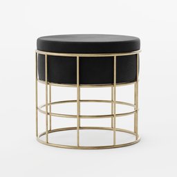 "Brass Puffy 3D model for Blender 3D: Circular pouf with black velvet seat and brass frame. High-resolution product photo showcasing its cage proportions and gold and black color scheme. Various angles available for viewing by Jenny Eakin Delony on retaildesignblog.net."