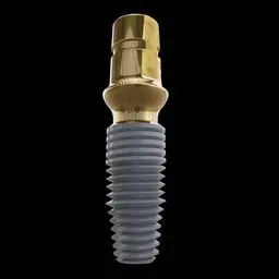 "High-quality dental implant with abutment, featuring intricate gold and silver screw detail against a sleek black background. This 3D model showcases square topology and PBR materials, expertly created for Blender 3D software. Discover the perfect dental implant model for your dental visualization projects or medical designs."