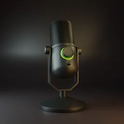 "Get high-quality audio with the Thronmax MDrill Zero Plus model - perfect for streaming on Twitch or recording podcasts. This close-up 3D model showcases a sleek black design with a distinctive green light. Ideal for use in Blender 3D, this rendered image features soft focus blur and a diffuse outline for a professional touch."