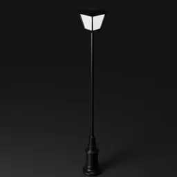 "Black metal street light 3D model for Blender 3D software. Realistic body shape with high sample render and white finish. Perfect for outdoor lightening in in-game 3D models."